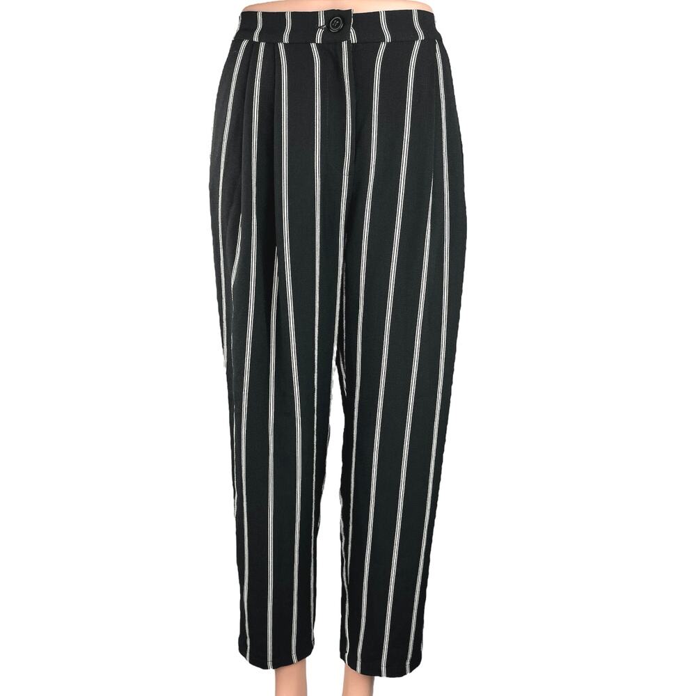NEW H&M Divided Black Pin Striped Wide Tapered Leg Crop Ankle Trouser Pants 4